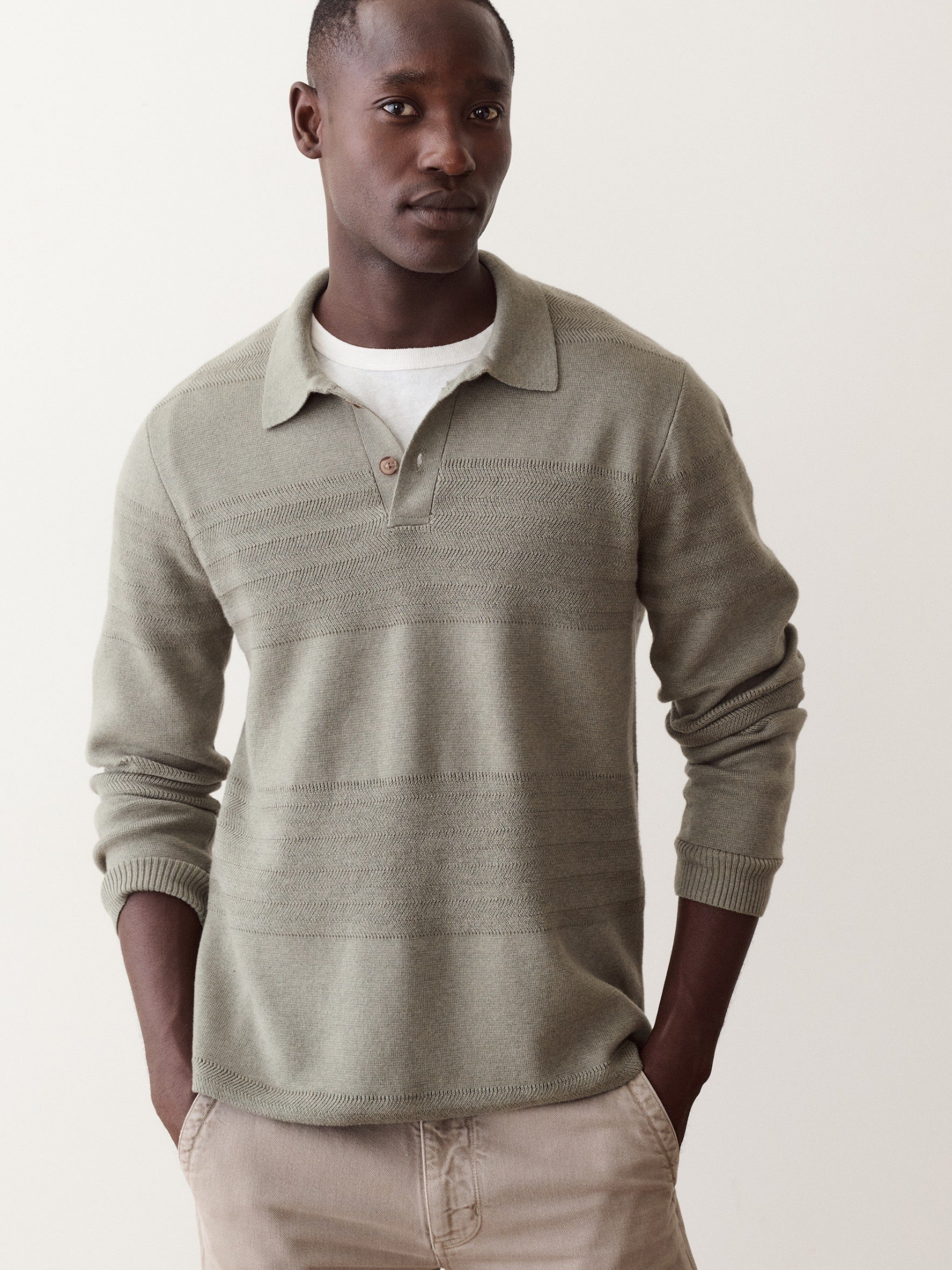 Marine Layer Rugby Sweater Polo Vetiver Green Knitted Long Sleeve Shirt with Collar - Front Model