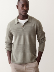 Marine Layer Rugby Sweater Polo Vetiver Green Knitted Long Sleeve Shirt with Collar - Front Model