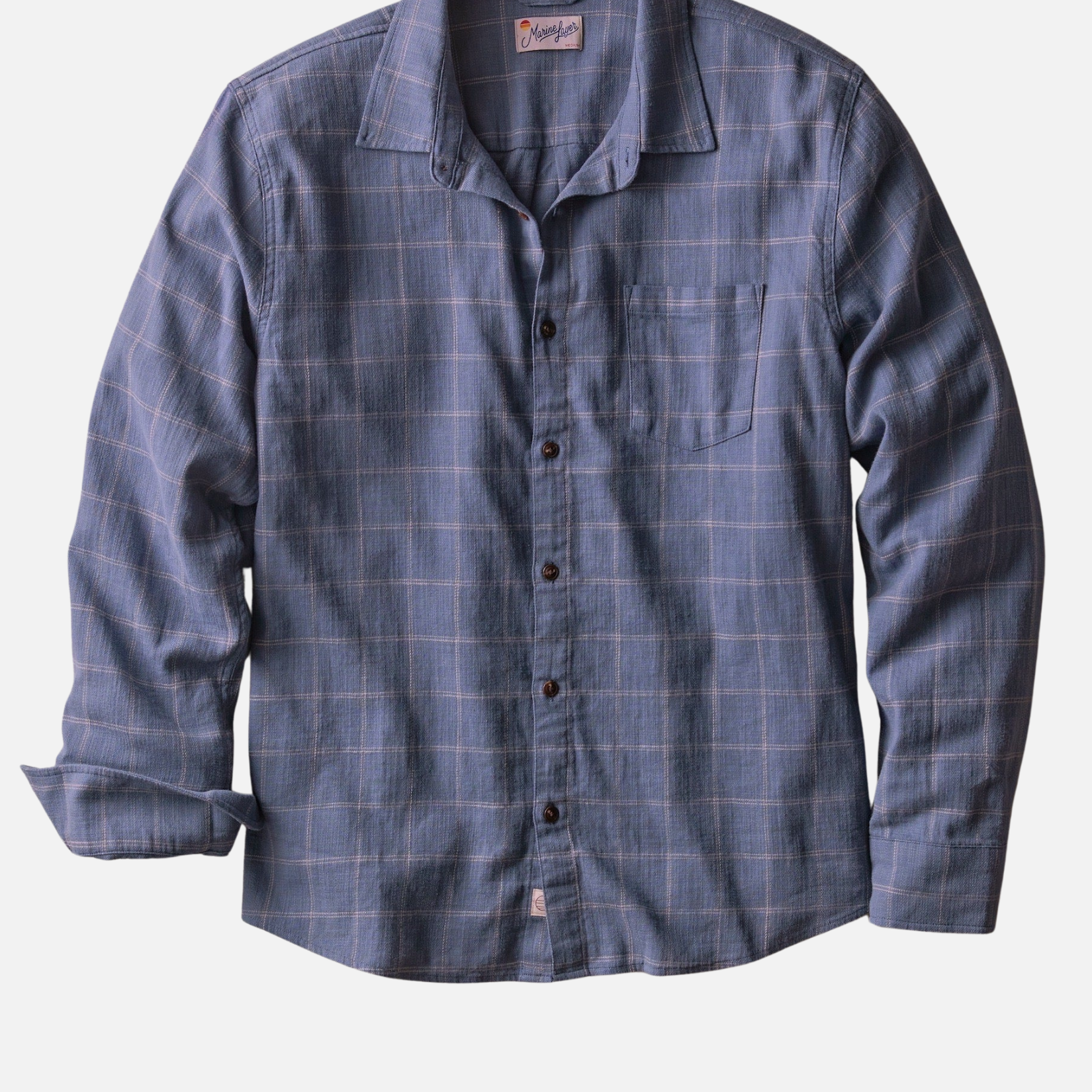 Marine Layer Classic Stretch Selvage Long Sleeve Shirt Navy Windowpane Fall Transition for Guys Men’s Collared Button Up Shirt for Men Athens GA Georgia Kempt Menswear Store Near Me