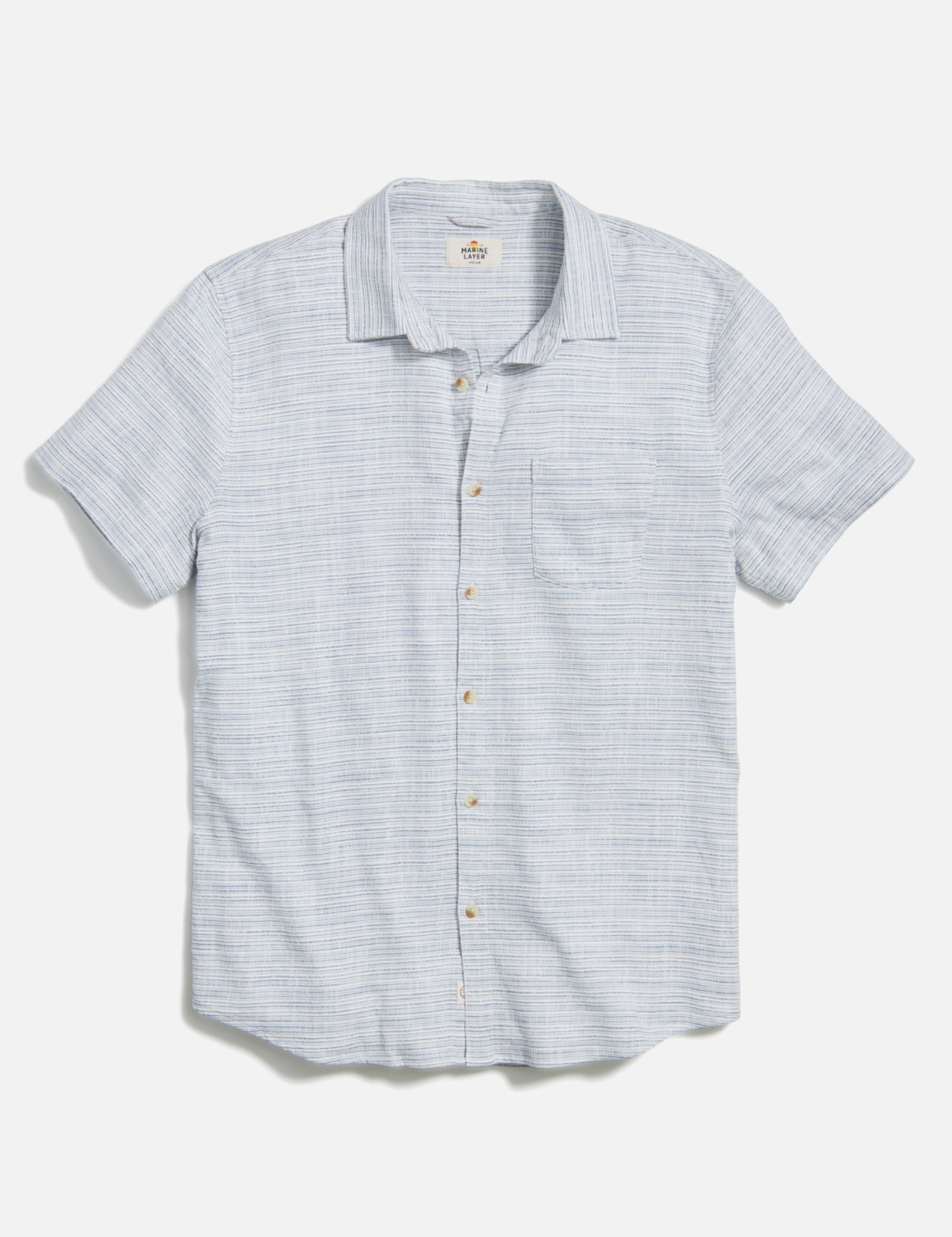 Marine Layer Classic Stretch Selvage Shirt SS Short Sleeve Top Blue Mini Stripe Pattern Collared Button Up Casual Top for Guys Men’s Shirts for Summer Vacation Outfits for Men Athens GA Georgia Kempt Menswear Store Near Me
