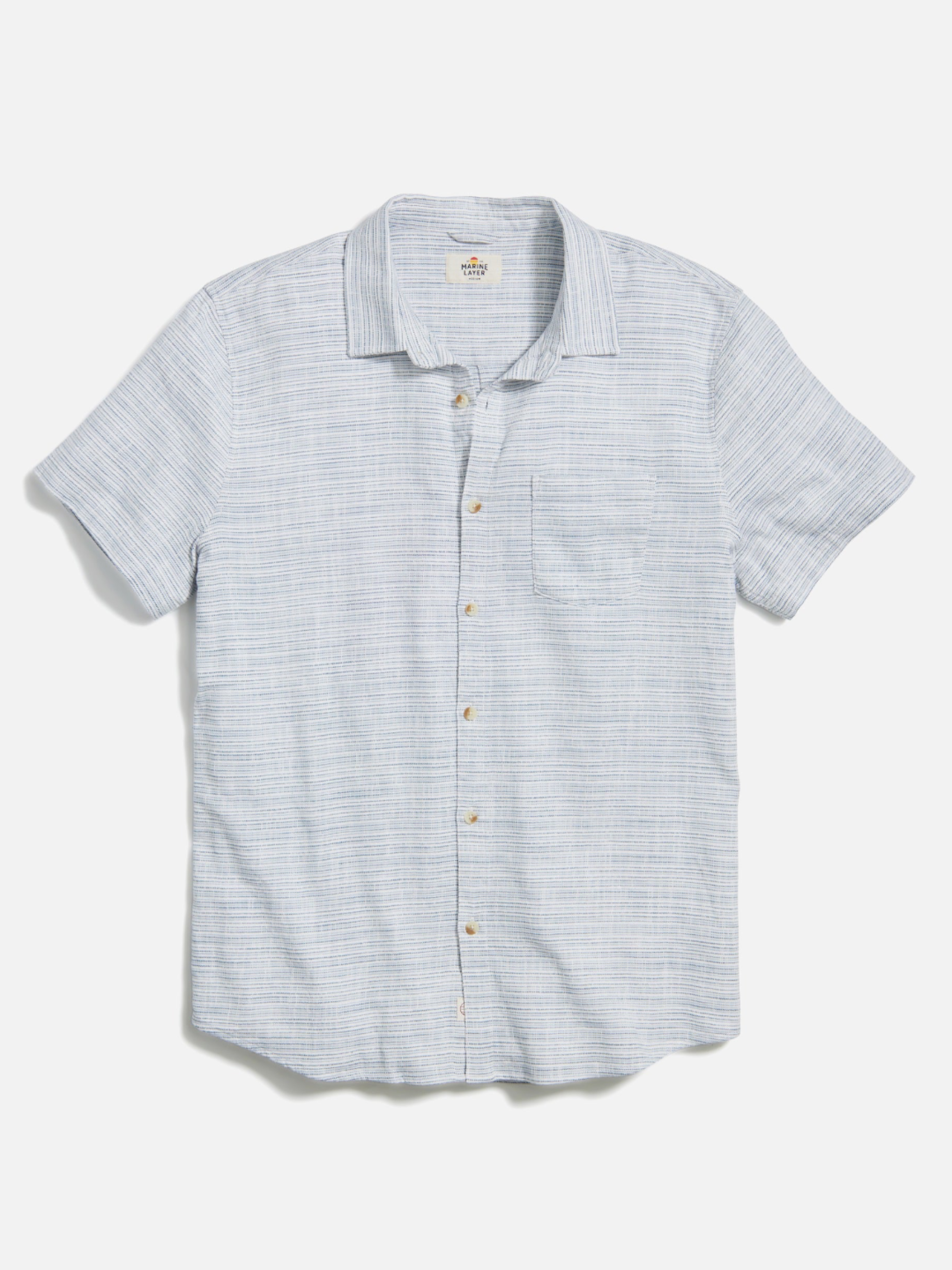 Marine Layer Classic Stretch Selvage Shirt SS Short Sleeve Top Blue Mini Stripe Pattern Collared Button Up Casual Top for Guys Men’s Shirts for Summer Vacation Outfits for Men Athens GA Georgia Kempt Menswear Store Near Me