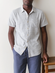 Marine Layer Classic Stretch Selvage Shirt SS Short Sleeve Top Blue Mini Stripe Pattern Collared Button Up Casual Top for Guys Men’s Shirts for Summer Vacation Outfits for Men Athens GA Georgia Kempt Menswear Store Near Me