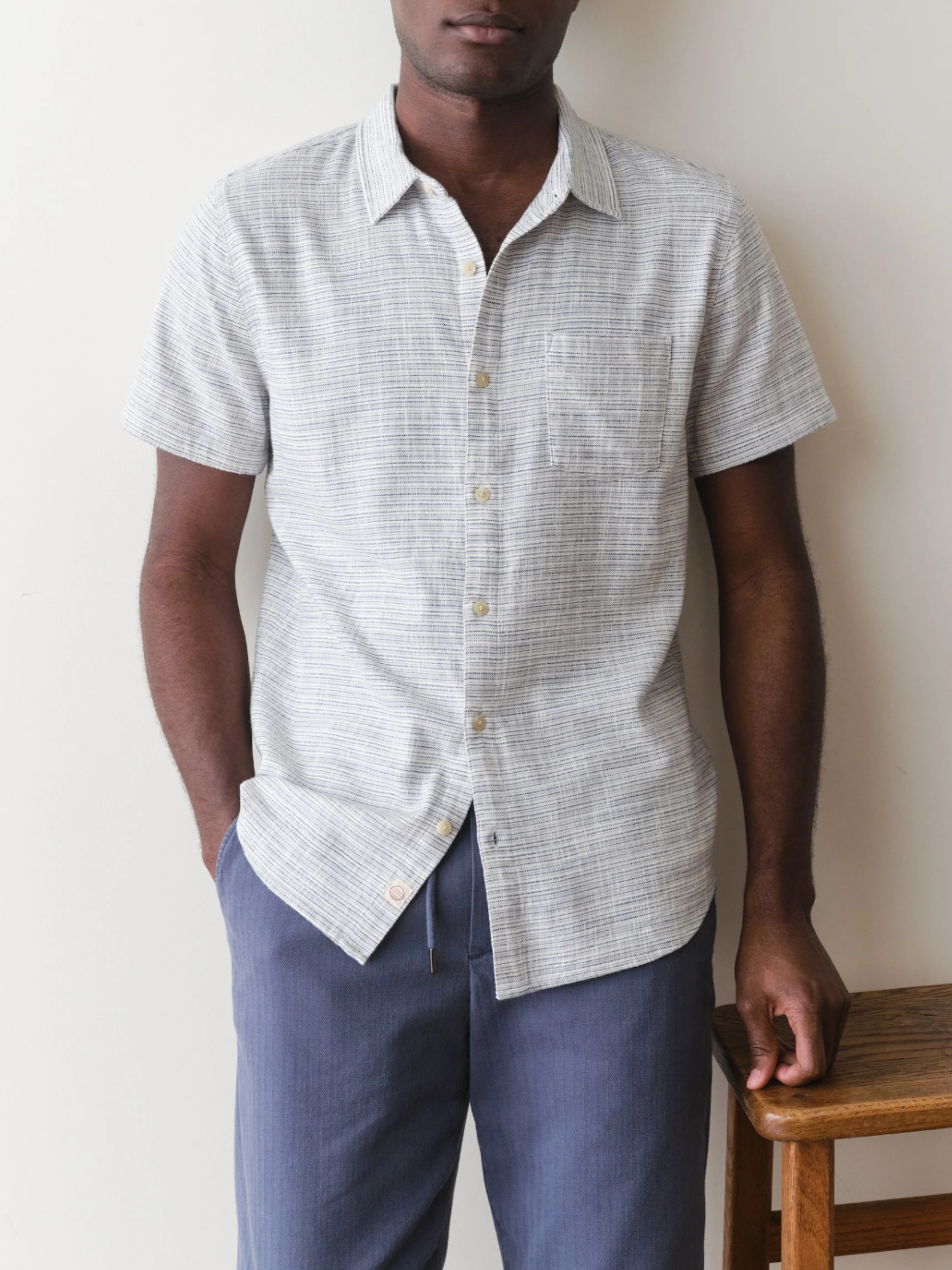 Marine Layer Classic Stretch Selvage Shirt SS Short Sleeve Top Blue Mini Stripe Pattern Collared Button Up Casual Top for Guys Men’s Shirts for Summer Vacation Outfits for Men Athens GA Georgia Kempt Menswear Store Near Me