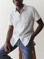 Marine Layer Classic Stretch Selvage Shirt SS Short Sleeve Top Blue Mini Stripe Pattern Collared Button Up Casual Top for Guys Men’s Shirts for Summer Vacation Outfits for Men Athens GA Georgia Kempt Menswear Store Near Me
