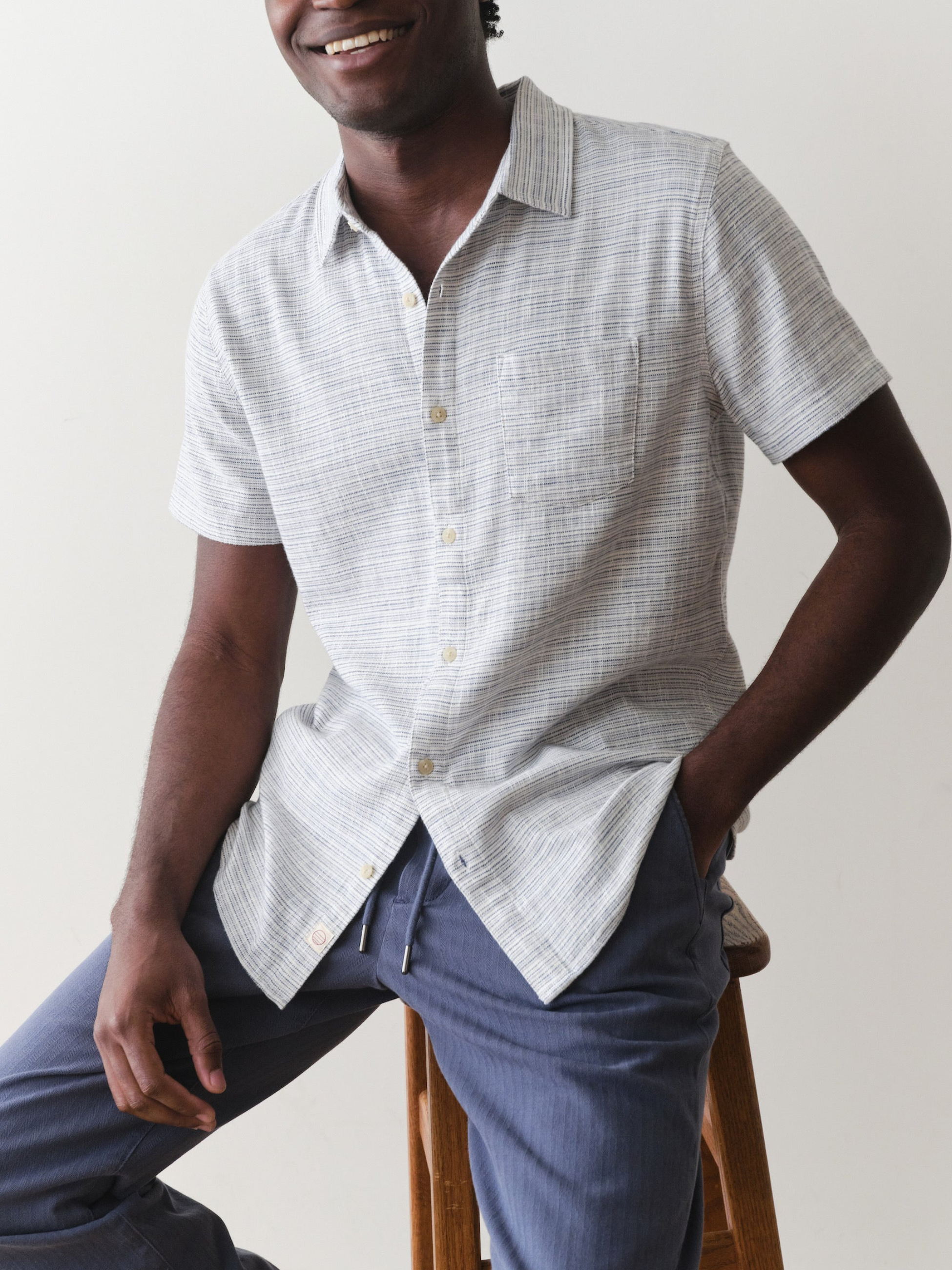 Marine Layer Classic Stretch Selvage Shirt SS Short Sleeve Top Blue Mini Stripe Pattern Collared Button Up Casual Top for Guys Men’s Shirts for Summer Vacation Outfits for Men Athens GA Georgia Kempt Menswear Store Near Me