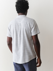 Marine Layer Classic Stretch Selvage Shirt SS Short Sleeve Top Blue Mini Stripe Pattern Collared Button Up Casual Top for Guys Men’s Shirts for Summer Vacation Outfits for Men Athens GA Georgia Kempt Menswear Store Near Me