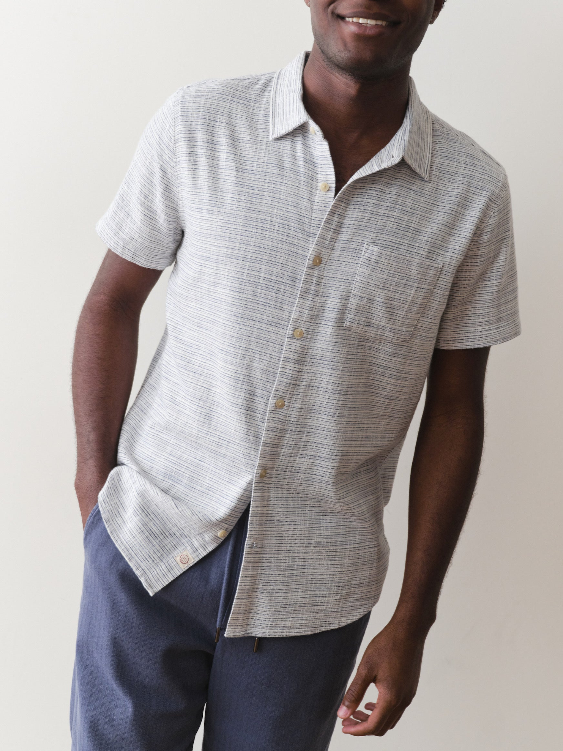 Marine Layer Classic Stretch Selvage Shirt SS Short Sleeve Top Blue Mini Stripe Pattern Collared Button Up Casual Top for Guys Men’s Shirts for Summer Vacation Outfits for Men Athens GA Georgia Kempt Menswear Store Near Me