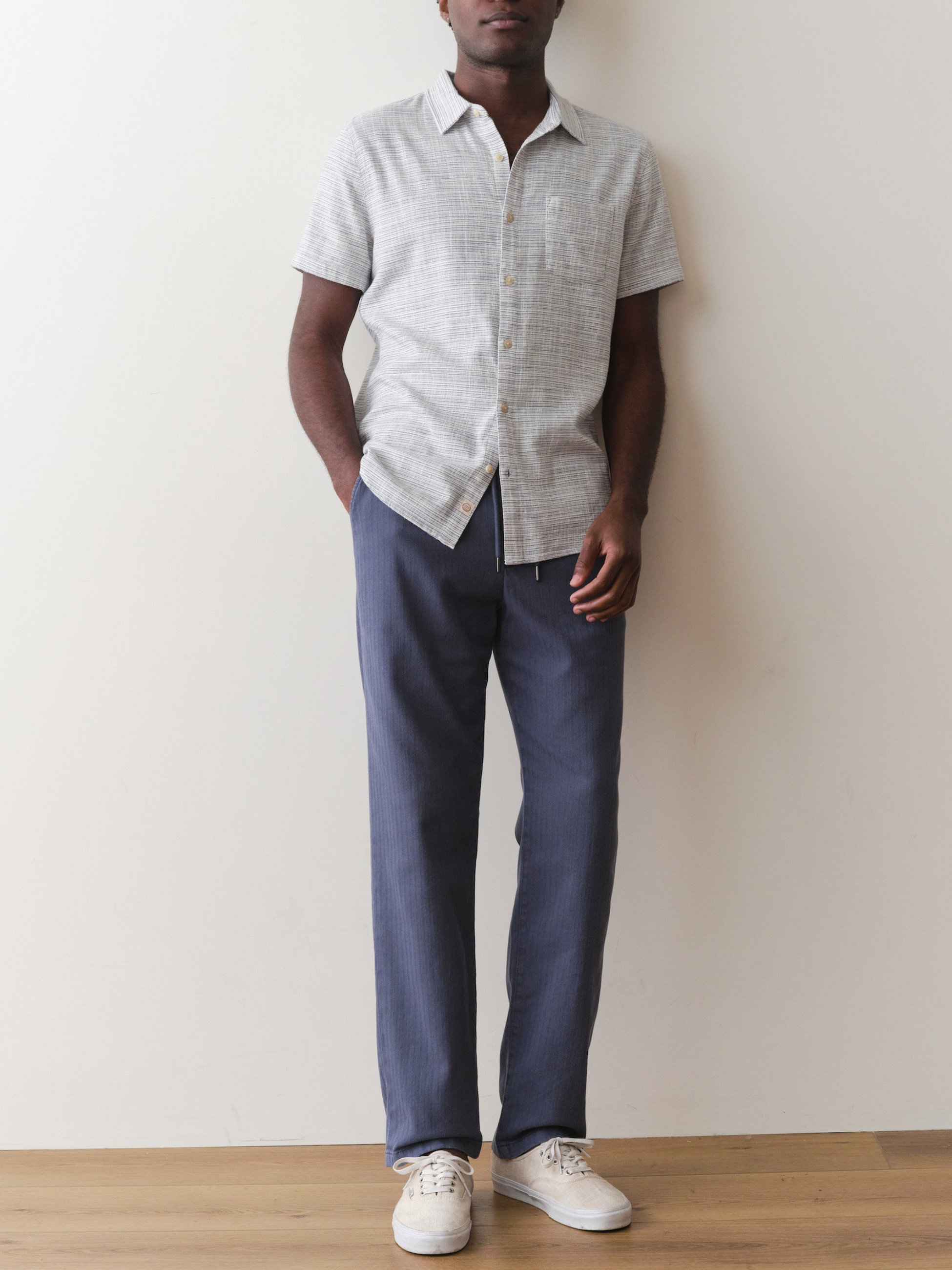 Marine Layer Classic Stretch Selvage Shirt SS Short Sleeve Top Blue Mini Stripe Pattern Collared Button Up Casual Top for Guys Men’s Shirts for Summer Vacation Outfits for Men Athens GA Georgia Kempt Menswear Store Near Me