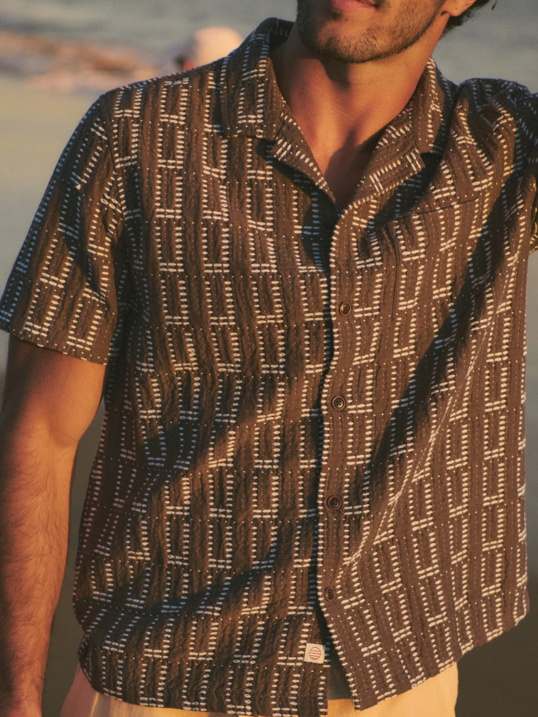 Marine Layer Dobby Resort Shirt Brown Collared Button Up Men’s Top Spring Summer Shirt for Men Athens GA Georgia Kempt Menswear Store near Me