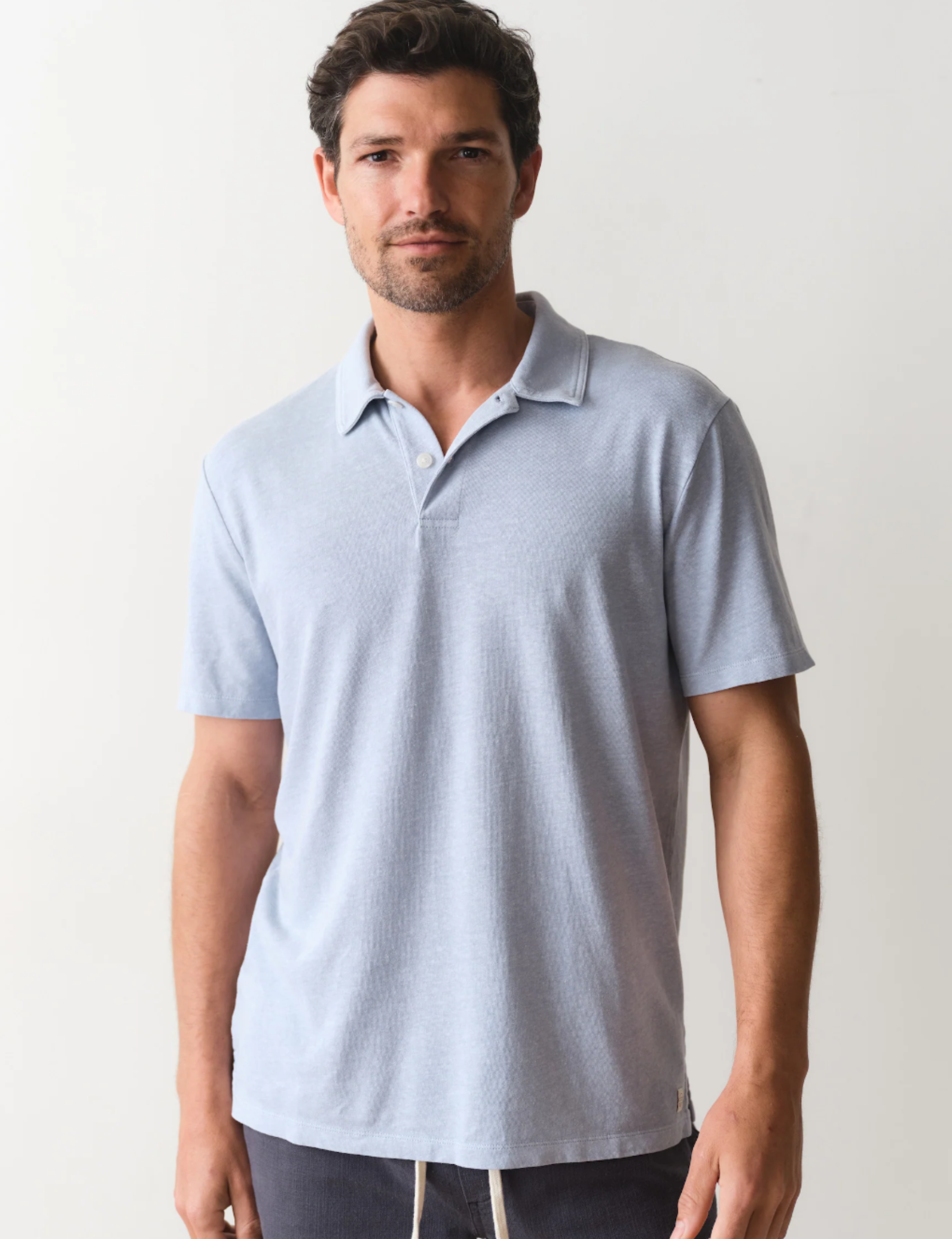 Marine Layer Hemp Resort Polo Soft Chambray Blue Men’s Summer Polos Tops for Men Vacation Outfits for Guys Lightweight Breathable Comfortable Shirts for Husband Athens GA Georgia Kempt Menswear Store Near Me