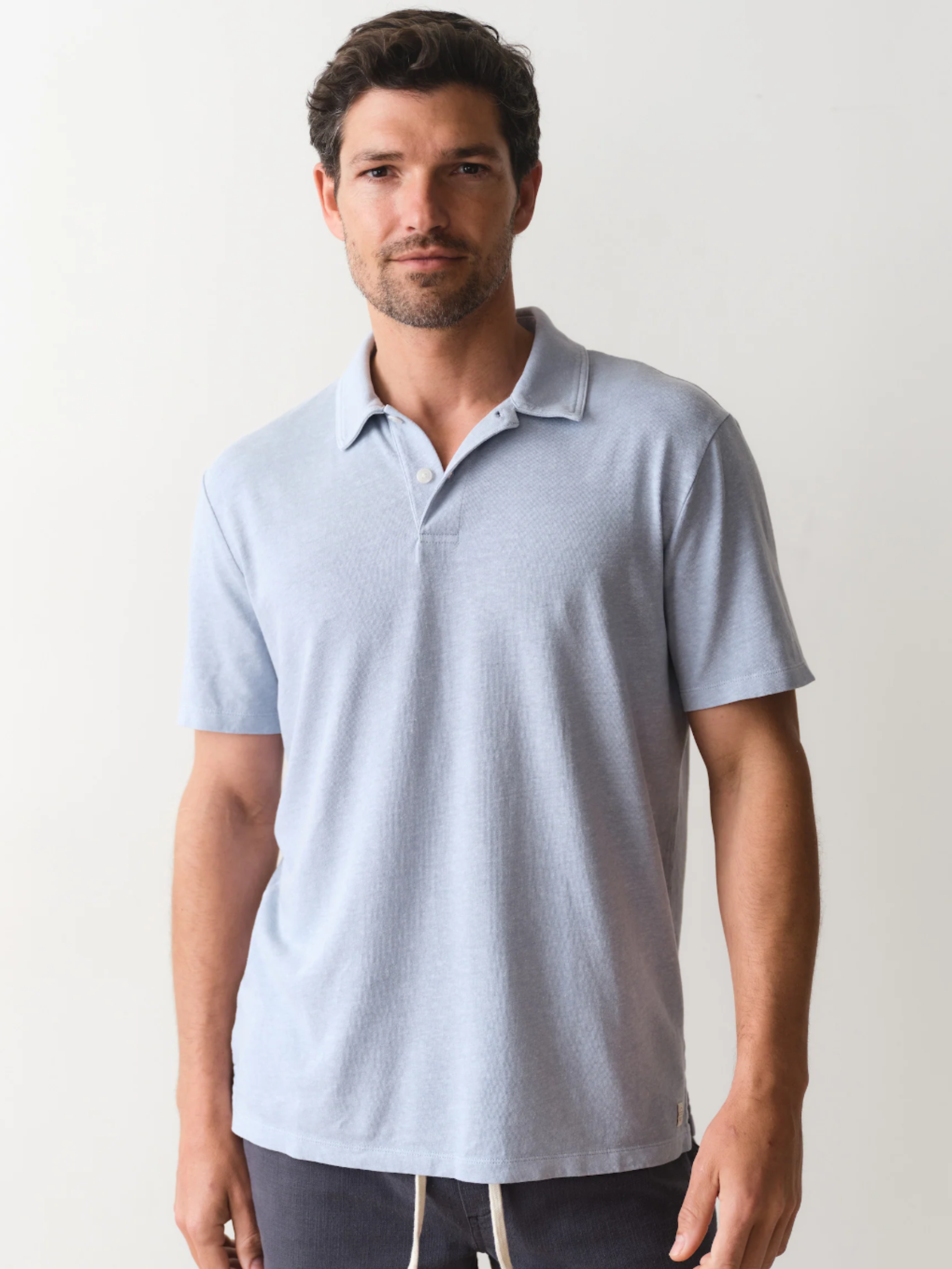 Marine Layer Hemp Resort Polo Soft Chambray Blue Men’s Summer Polos Tops for Men Vacation Outfits for Guys Lightweight Breathable Comfortable Shirts for Husband Athens GA Georgia Kempt Menswear Store Near Me