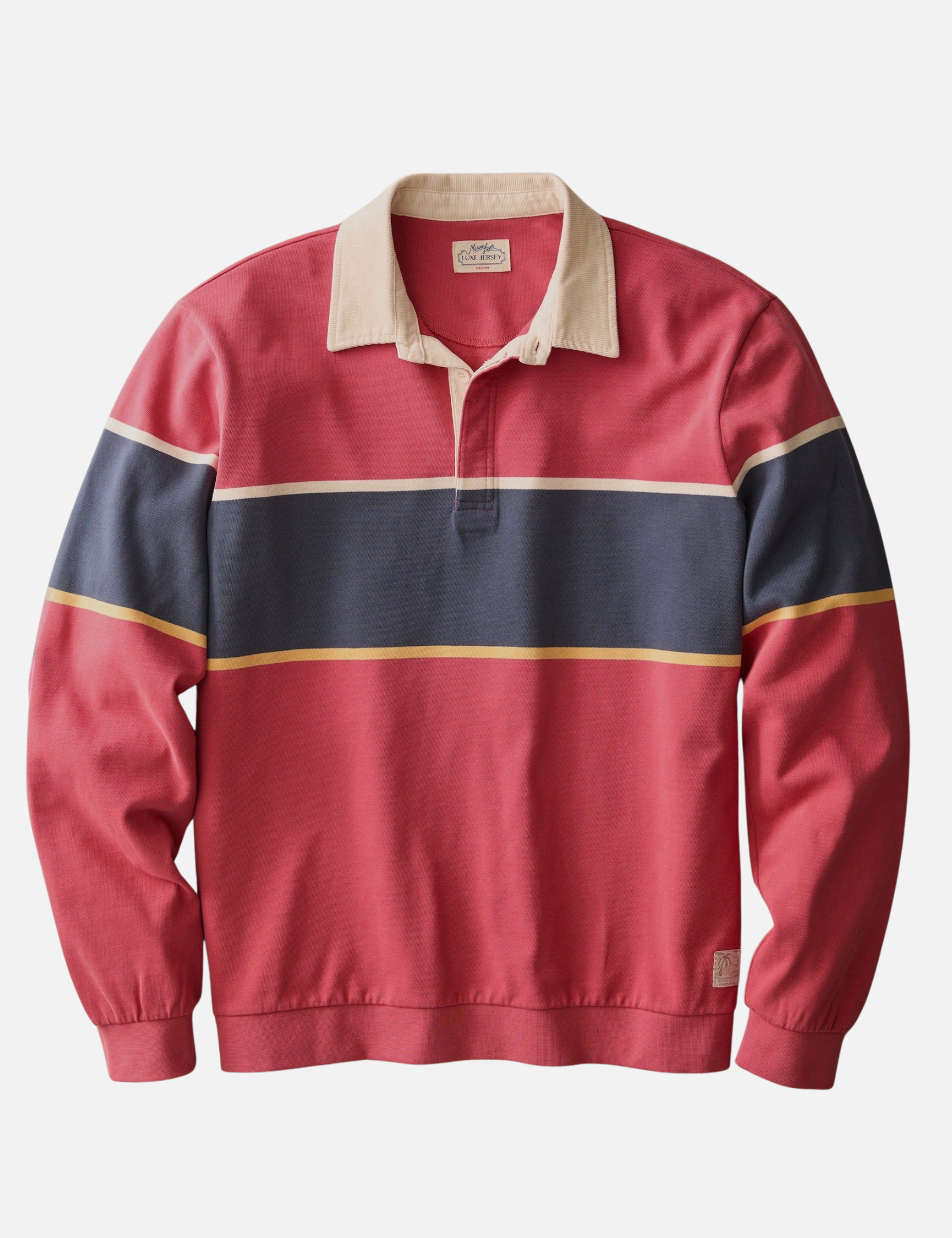 Marine Layer Luxe Jersey Sueded Rugby Polo Garnest Rose Pink and Blue Stripes Long Sleeve Tops for Men - Front