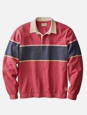 Marine Layer Luxe Jersey Sueded Rugby Polo Garnest Rose Pink and Blue Stripes Long Sleeve Tops for Men - Front