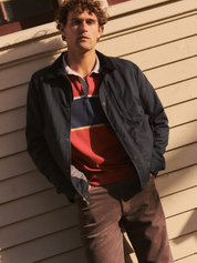 Marine Layer Luxe Jersey Sueded Rugby Polo Garnest Rose Pink and Blue Stripes Long Sleeve Tops for Men - Front