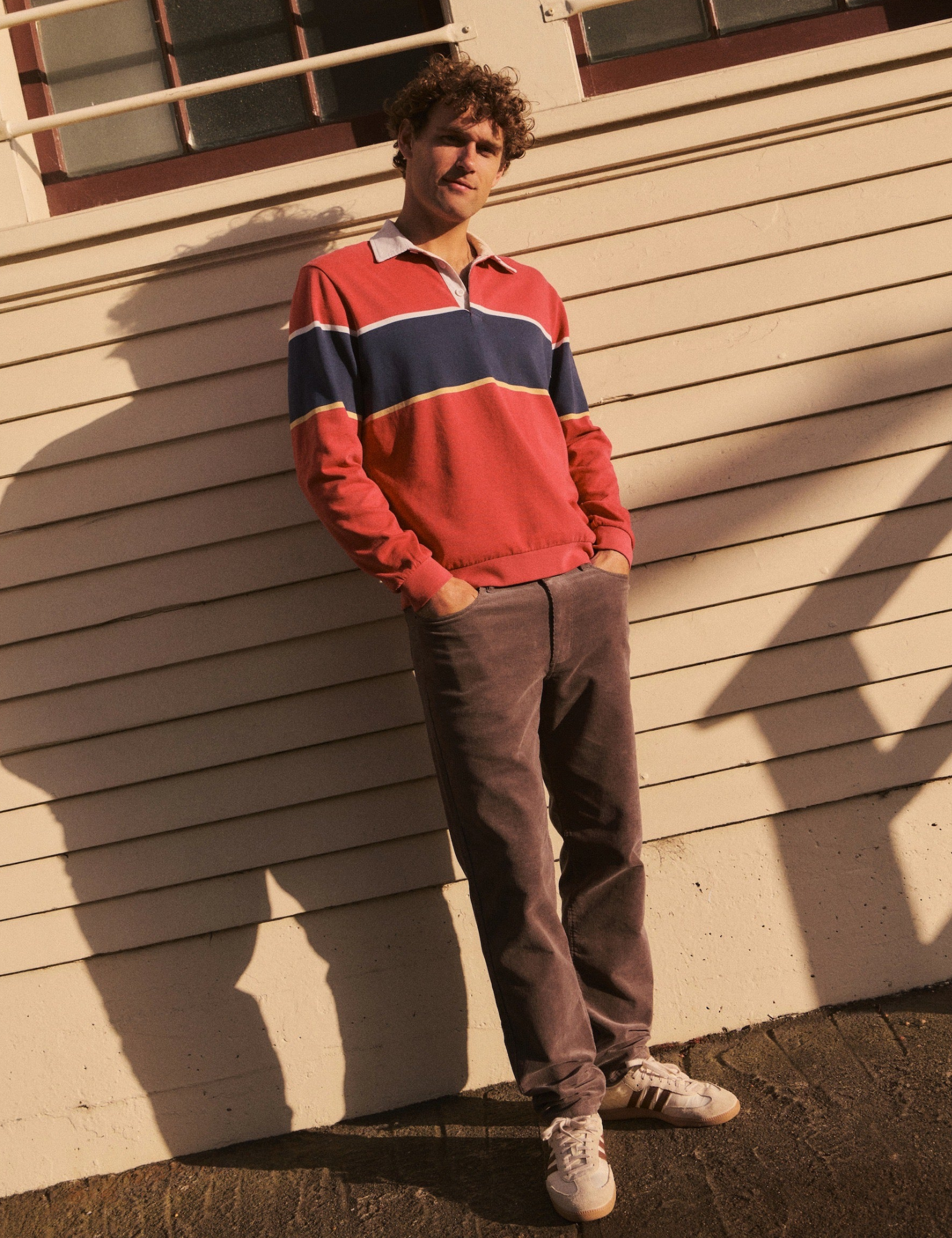 Marine Layer Luxe Jersey Sueded Rugby Polo Garnest Rose Pink and Blue Stripes Long Sleeve Tops for Men - Front