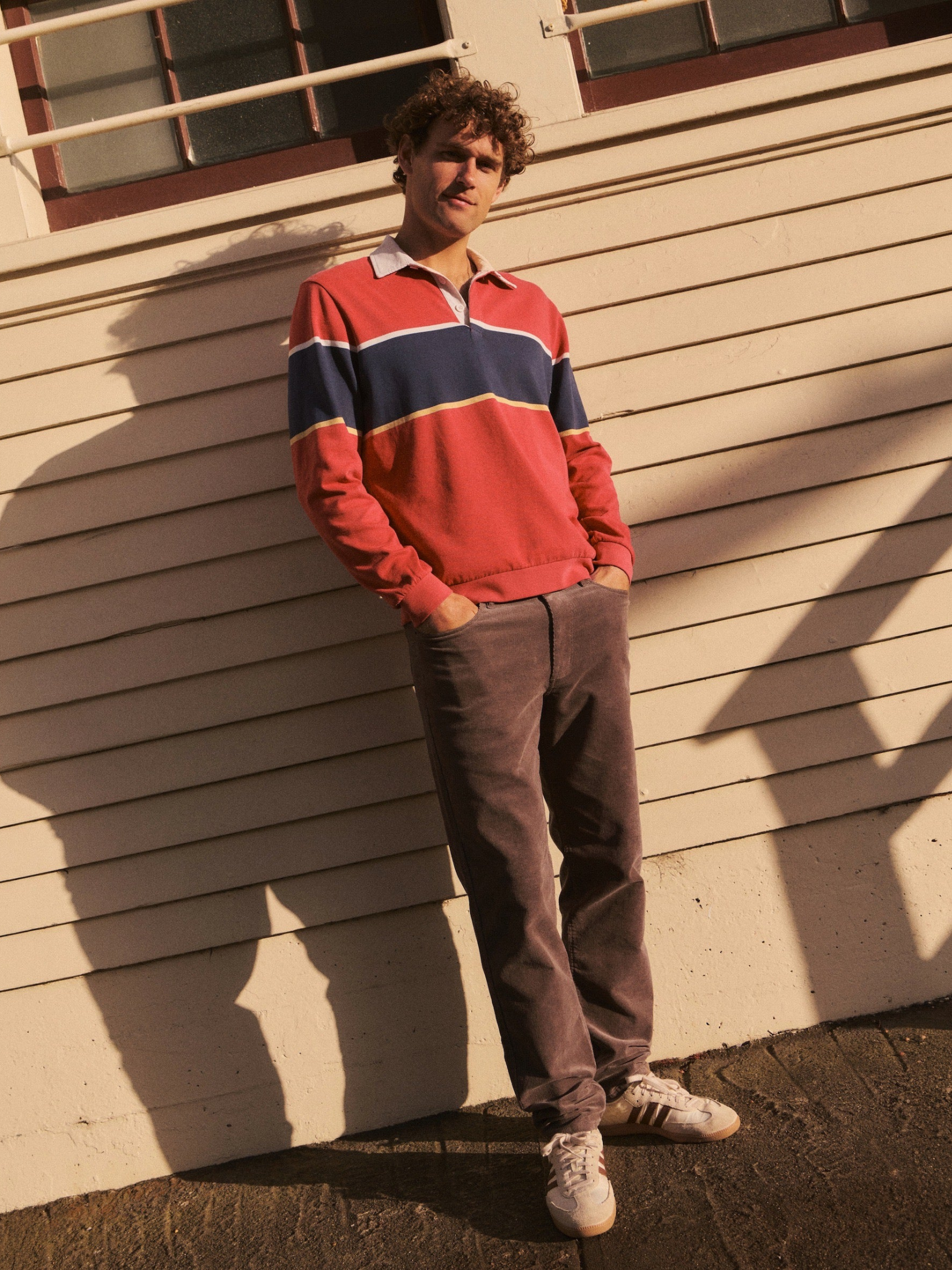 Marine Layer Luxe Jersey Sueded Rugby Polo Garnest Rose Pink and Blue Stripes Long Sleeve Tops for Men - Front
