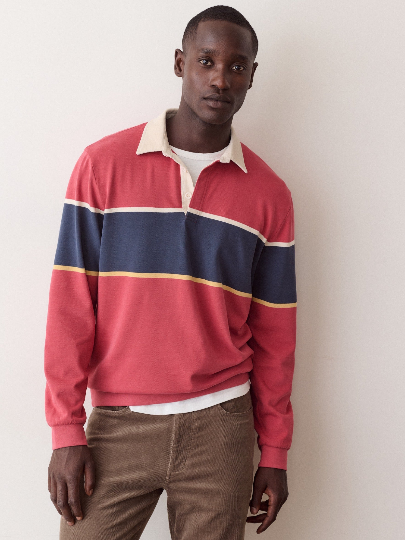 Marine Layer Luxe Jersey Sueded Rugby Polo Garnest Rose Pink and Blue Stripes Long Sleeve Tops for Men - Front