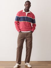 Marine Layer Luxe Jersey Sueded Rugby Polo Garnest Rose Pink and Blue Stripes Long Sleeve Tops for Men - Front