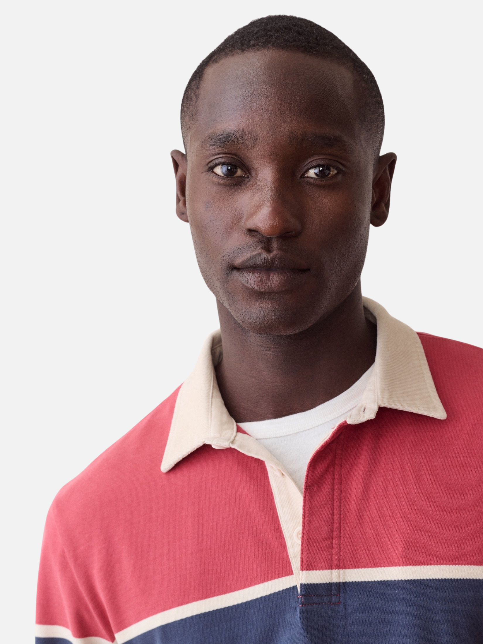 Marine Layer Luxe Jersey Sueded Rugby Polo Garnet Rose Pink and Blue Stripes Long Sleeve Tops for Men - Detail