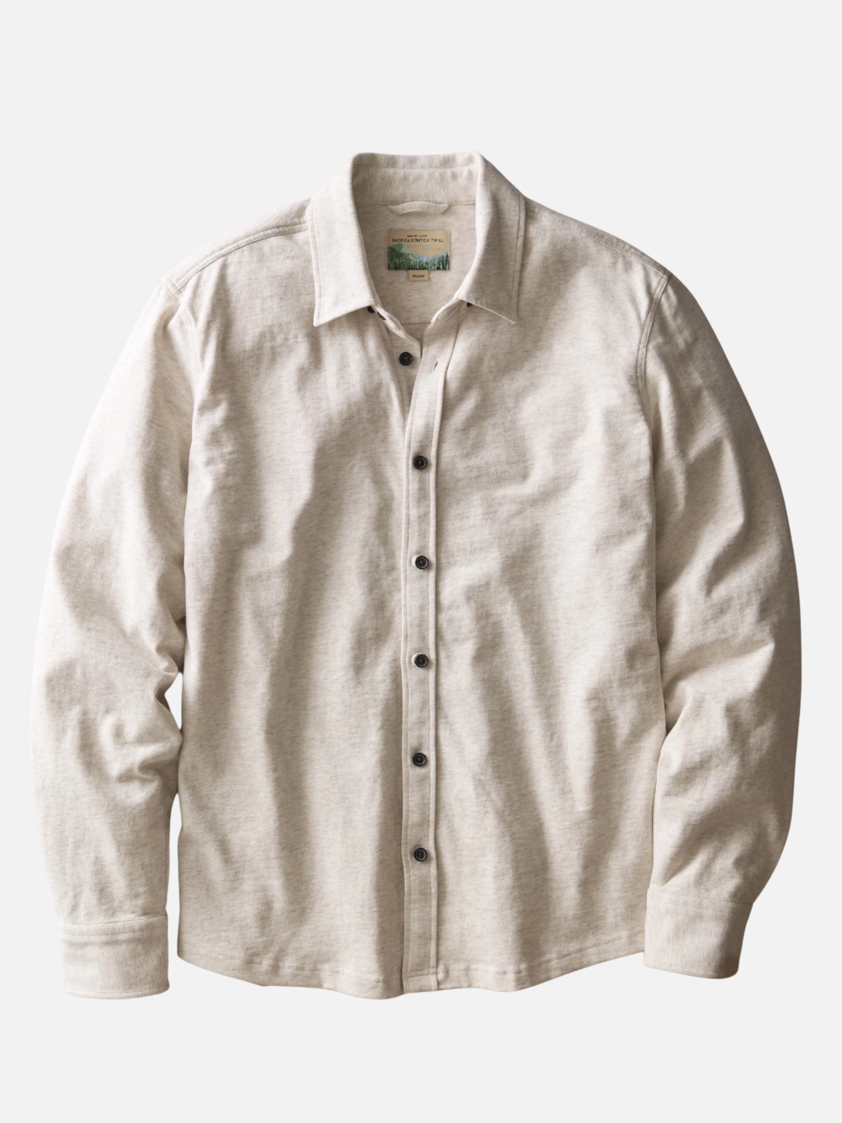 Marine Layer Luxe Jersey Shirt Oatmeal Heather Long Sleeve Collared Button Down - Front Flat