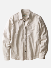 Marine Layer Luxe Jersey Shirt Oatmeal Heather Long Sleeve Collared Button Down - Front Flat