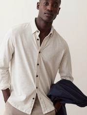 Marine Layer Luxe Jersey Shirt Oatmeal Heather Long Sleeve Collared Button Down - Zoom Front Model
