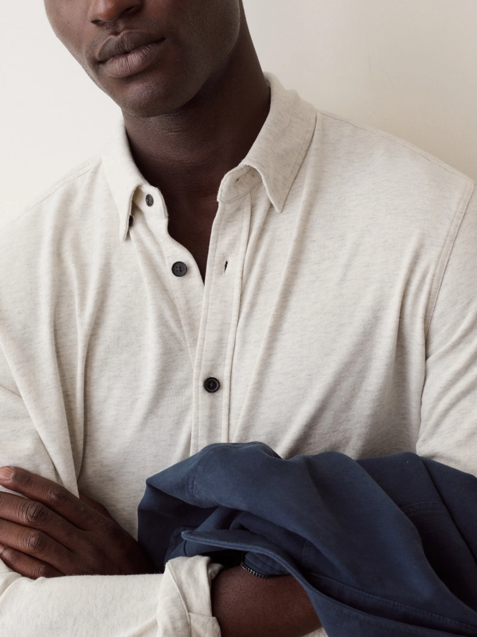 Marine Layer Luxe Jersey Shirt Oatmeal Heather Long Sleeve Collared Button Down - Detail Front Model