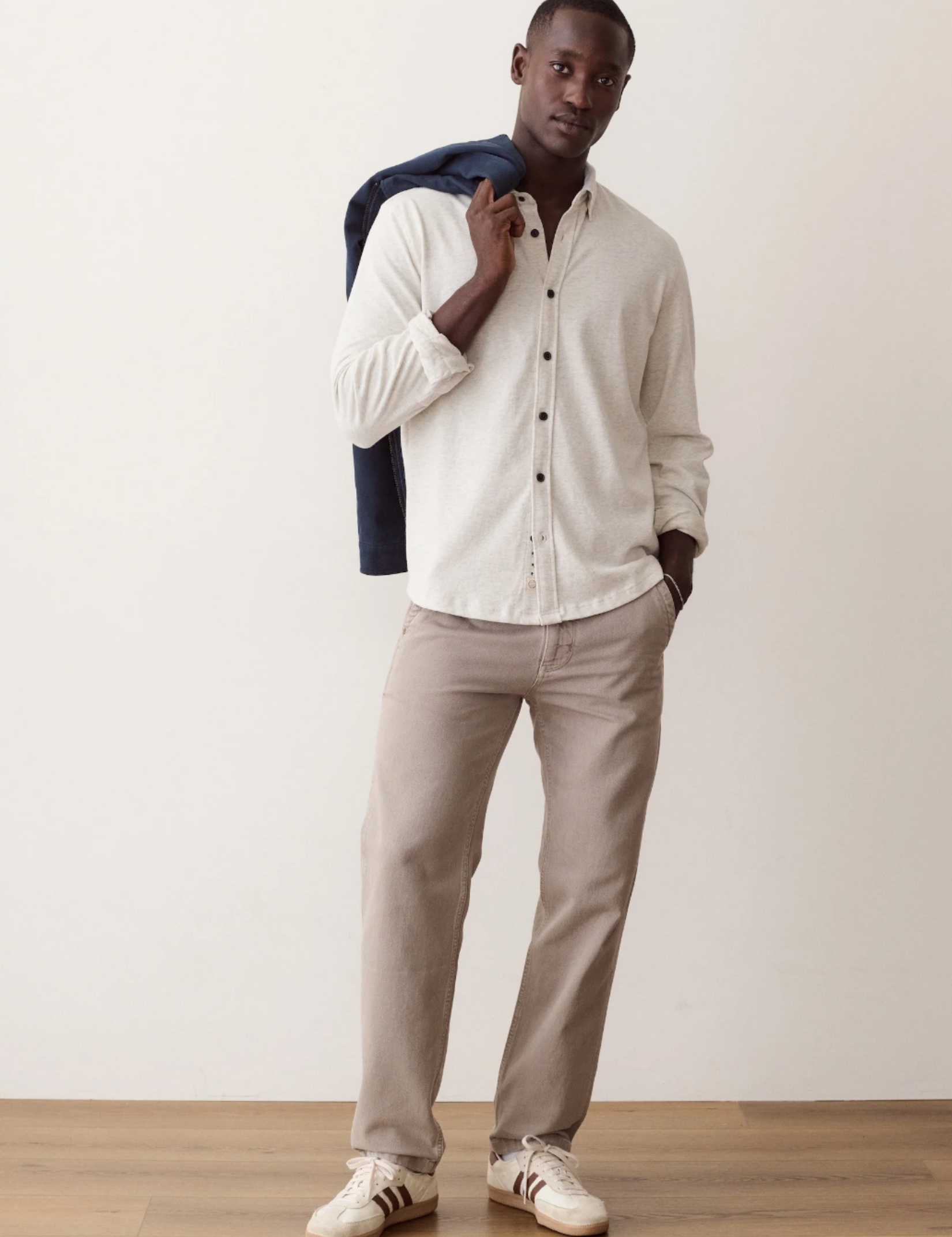 Marine Layer Luxe Jersey Shirt Oatmeal Heather Long Sleeve Collared Button Down - Front Model