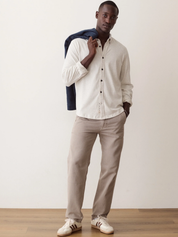 Marine Layer Luxe Jersey Shirt Oatmeal Heather Long Sleeve Collared Button Down - Front Model