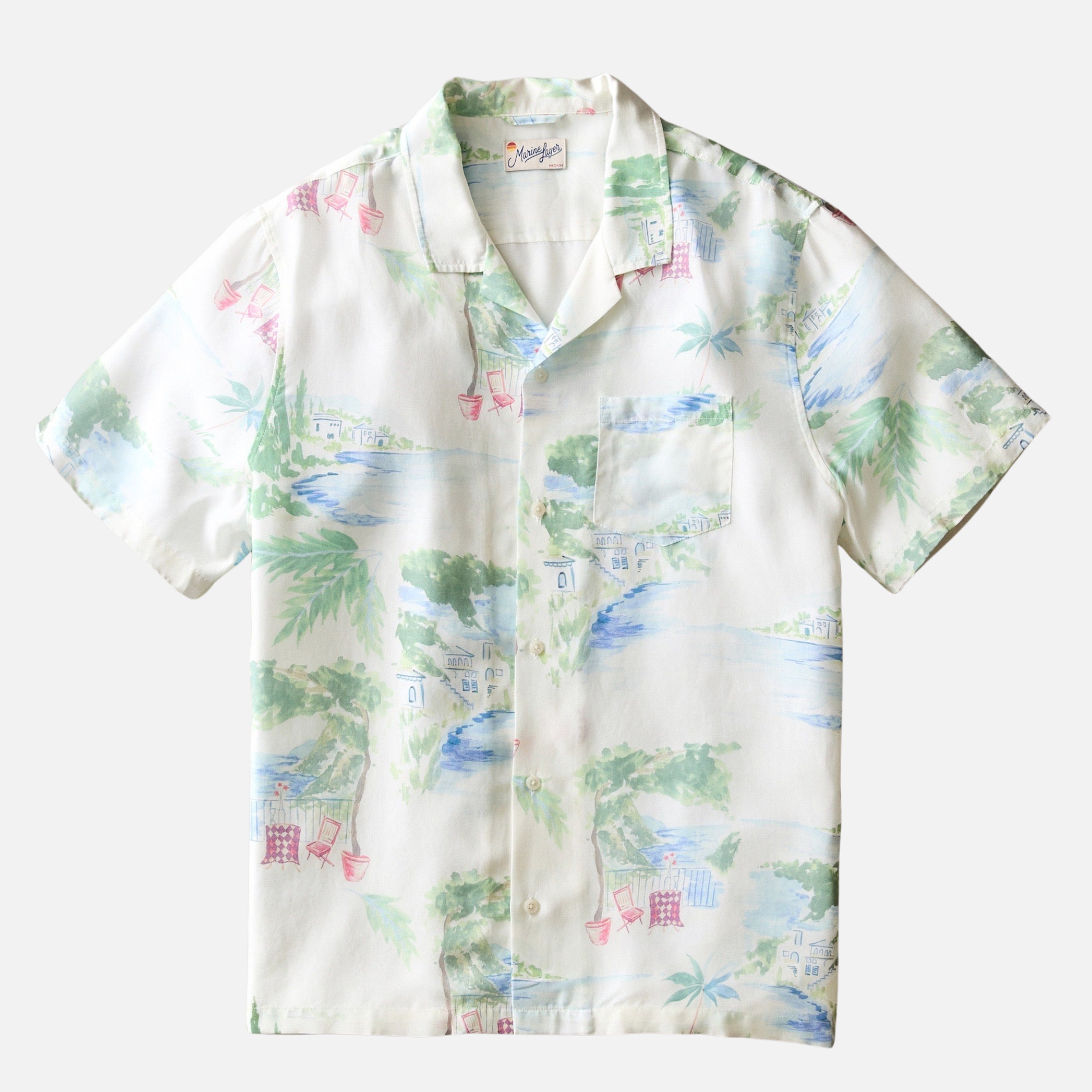 Marine Layer Luzio Resort Shirt SS Short Sleeve Top Mediterranean Coastline Print Collared Button Up Watercolor Casual Top for Guys Men’s Shirts for Summer Vacation Outfits for Men Athens GA Georgia Kempt Menswear Store Near Me