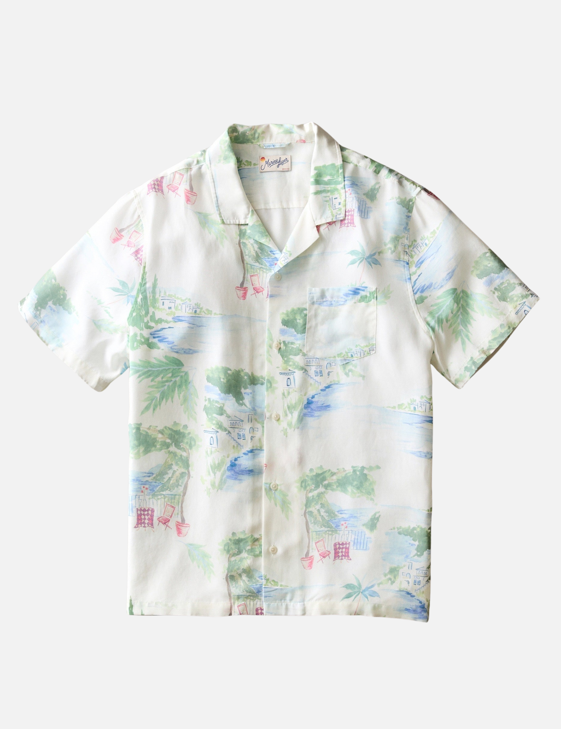 Marine Layer Luzio Resort Shirt SS Short Sleeve Top Mediterranean Coastline Print Collared Button Up Watercolor Casual Top for Guys Men’s Shirts for Summer Vacation Outfits for Men Athens GA Georgia Kempt Menswear Store Near Me