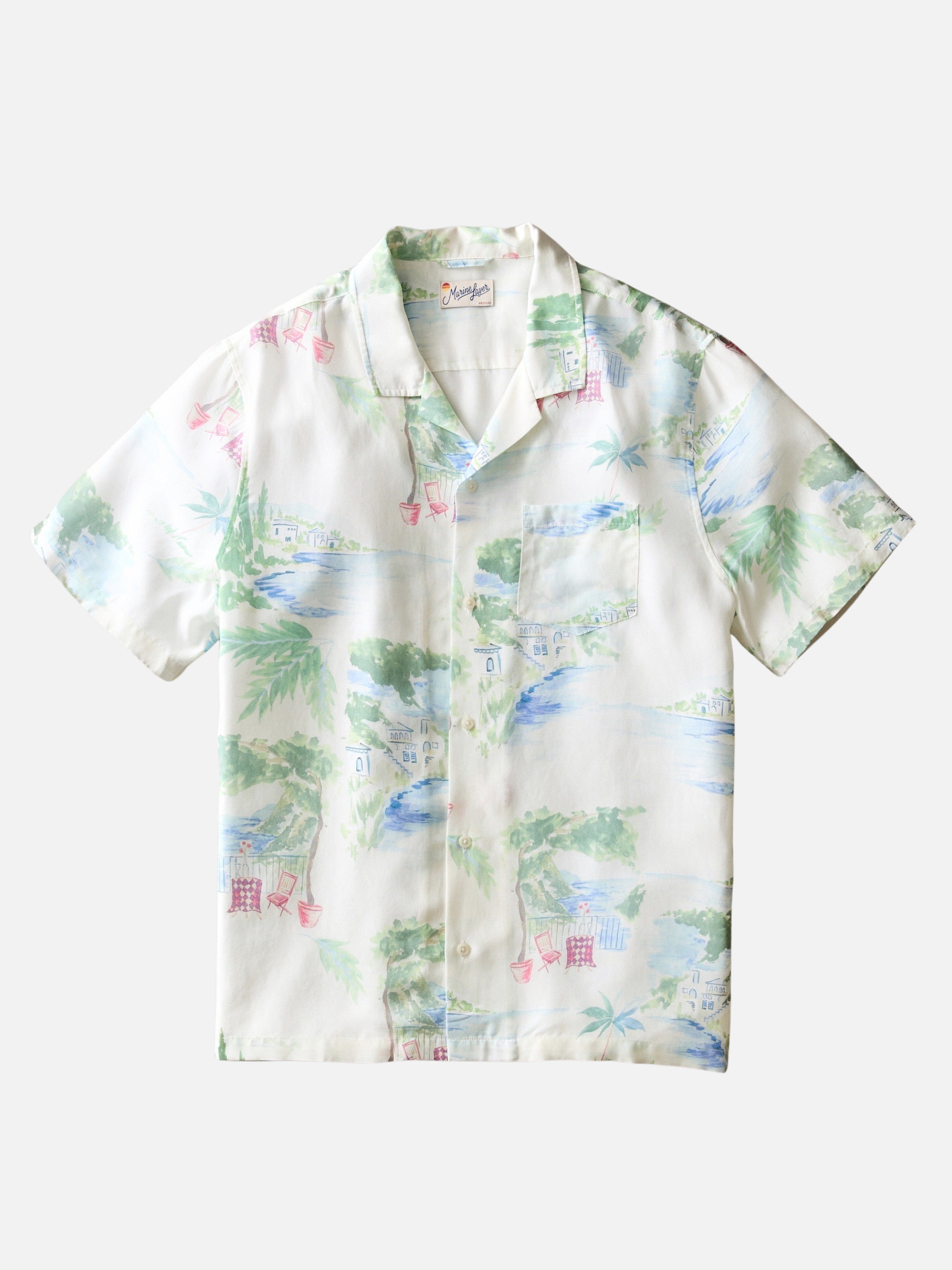 Marine Layer Luzio Resort Shirt SS Short Sleeve Top Mediterranean Coastline Print Collared Button Up Watercolor Casual Top for Guys Men’s Shirts for Summer Vacation Outfits for Men Athens GA Georgia Kempt Menswear Store Near Me