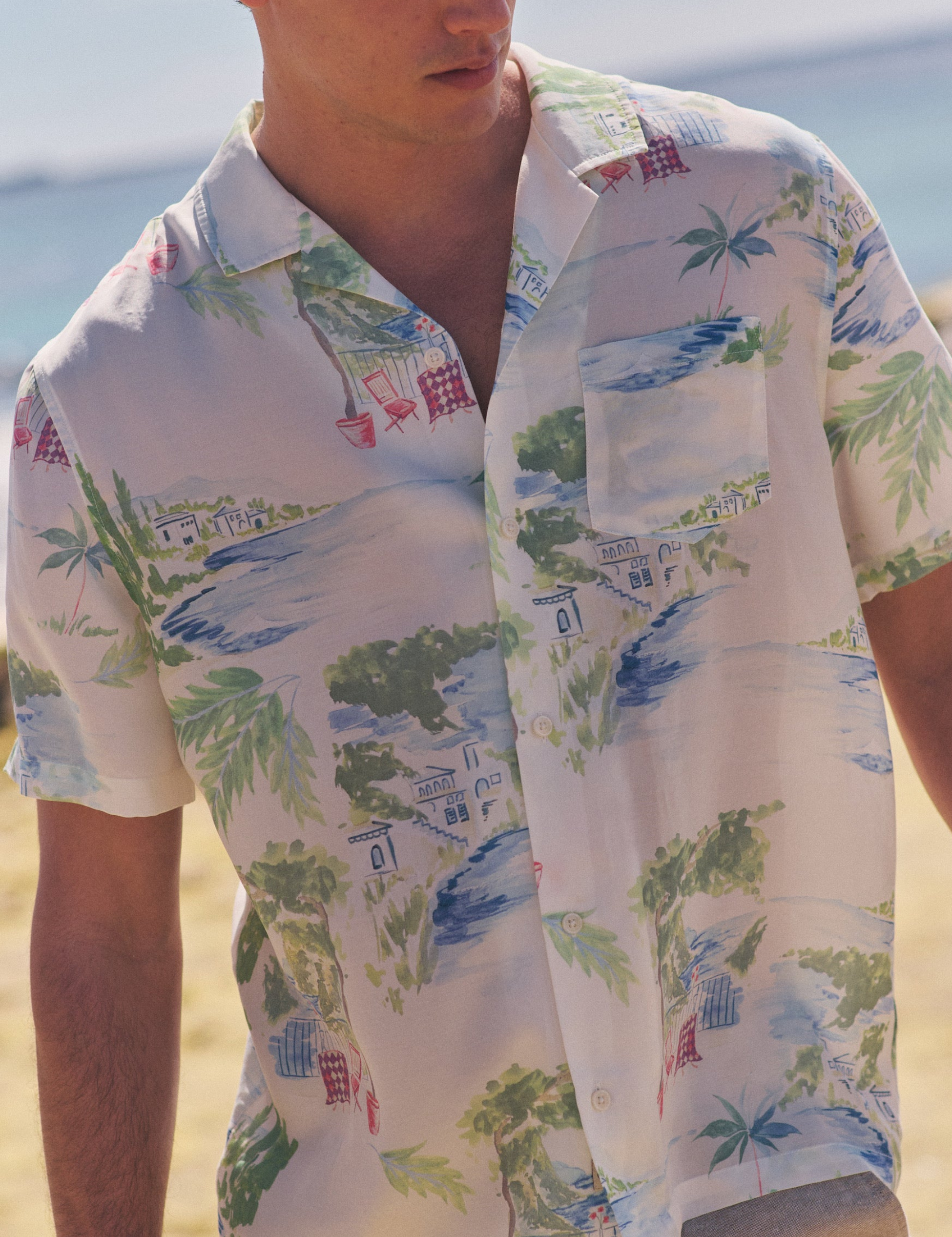 Marine Layer Luzio Resort Shirt SS Short Sleeve Top Mediterranean Coastline Print Collared Button Up Watercolor Casual Top for Guys Men’s Shirts for Summer Vacation Outfits for Men Athens GA Georgia Kempt Menswear Store Near Me