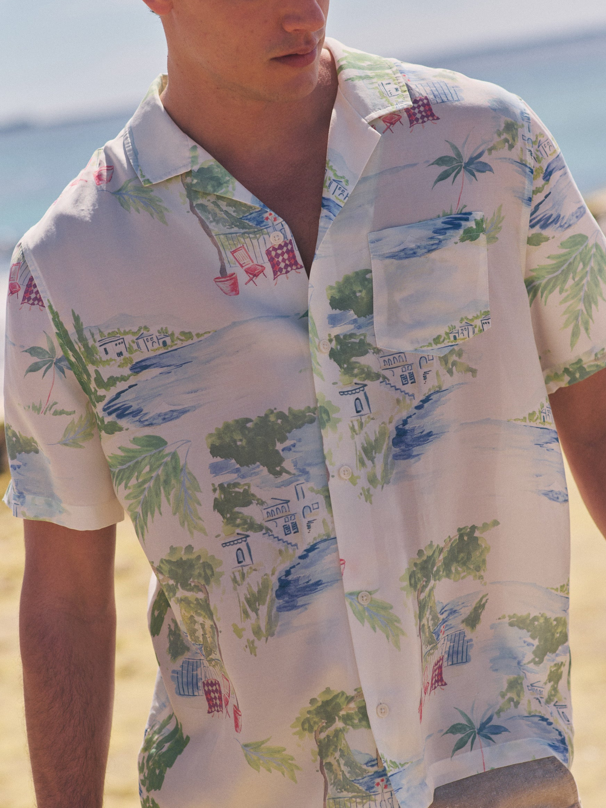 Marine Layer Luzio Resort Shirt SS Short Sleeve Top Mediterranean Coastline Print Collared Button Up Watercolor Casual Top for Guys Men’s Shirts for Summer Vacation Outfits for Men Athens GA Georgia Kempt Menswear Store Near Me