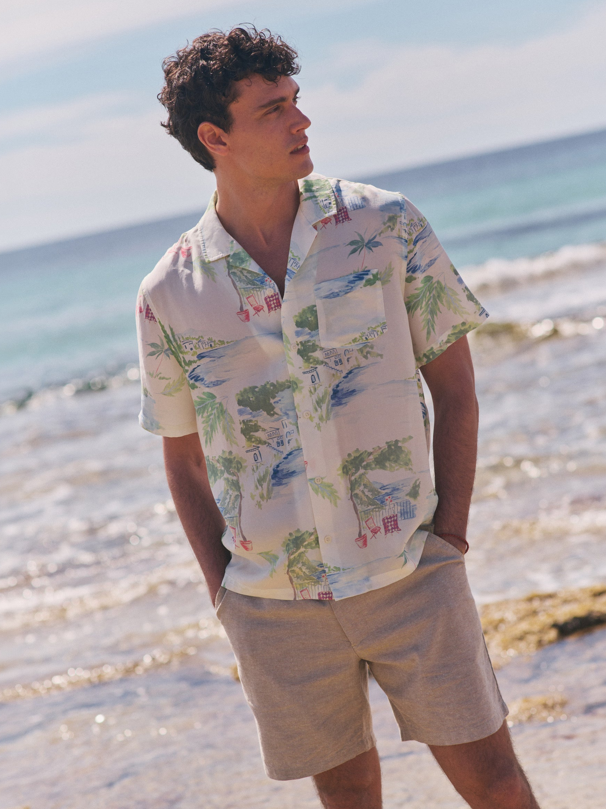 Marine Layer Luzio Resort Shirt SS Short Sleeve Top Mediterranean Coastline Print Collared Button Up Watercolor Casual Top for Guys Men’s Shirts for Summer Vacation Outfits for Men Athens GA Georgia Kempt Menswear Store Near Me