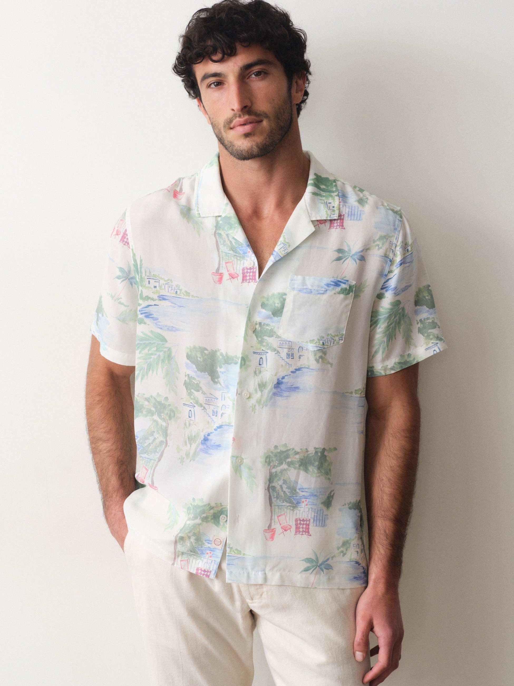 Marine Layer Luzio Resort Shirt SS Short Sleeve Top Mediterranean Coastline Print Collared Button Up Watercolor Casual Top for Guys Men’s Shirts for Summer Vacation Outfits for Men Athens GA Georgia Kempt Menswear Store Near Me