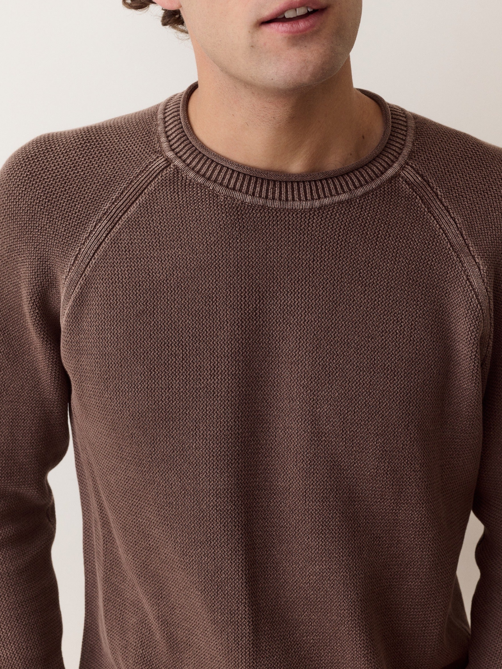 Marine Layer Noah Rollneck Sweater Java Brown Long Sleeve Knitted Sweaters -Model Front Detail Zoom