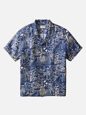 Marine Layer Pablo Tencel Linen SS Short Sleeve Top Navy Blue White Island Motif Print Collared Button Up Watercolor Casual Top for Guys Men’s Shirts for Summer Vacation Outfits for Men Athens GA Georgia Kempt Menswear Store Near Me