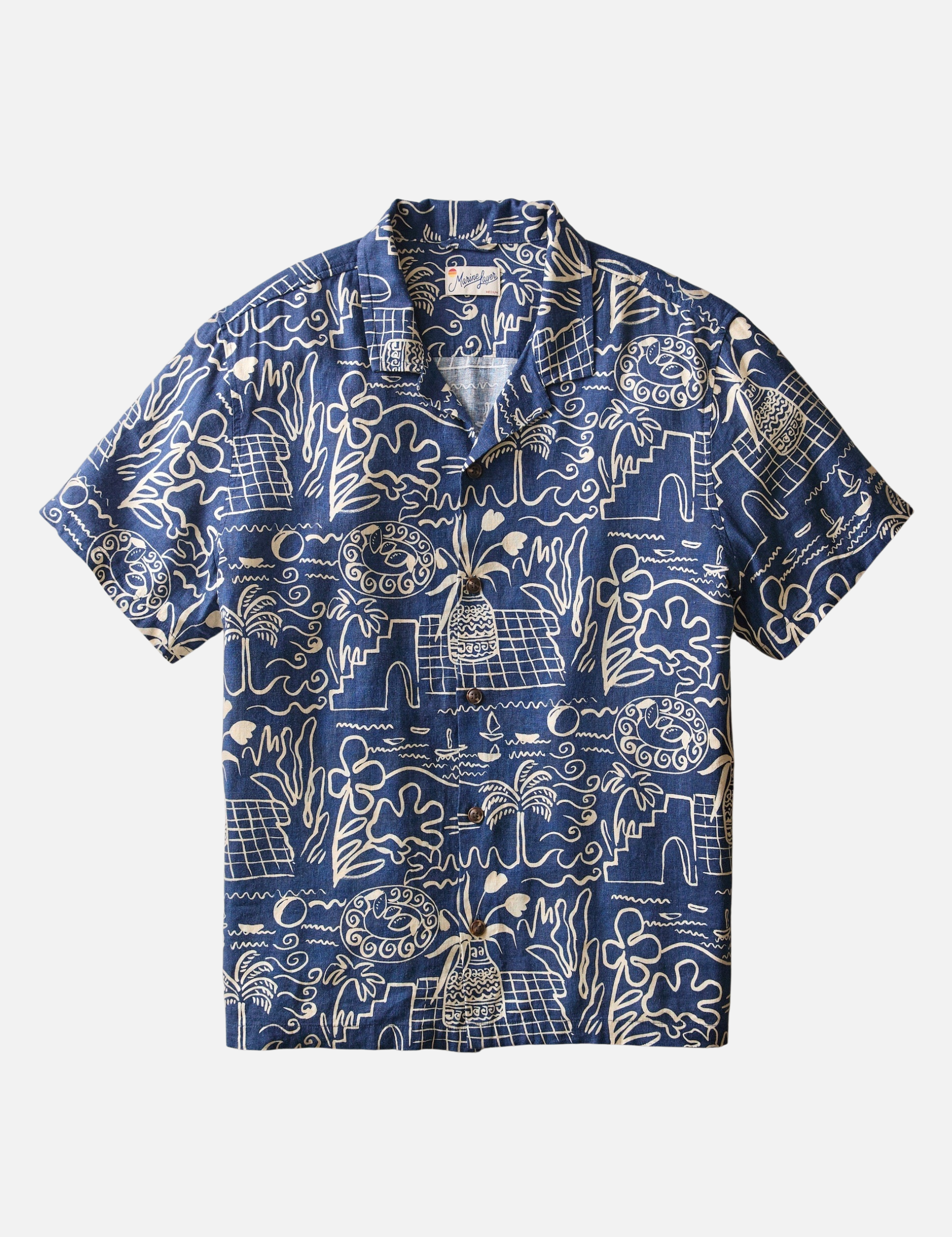 Marine Layer Pablo Tencel Linen SS Short Sleeve Top Navy Blue White Island Motif Print Collared Button Up Watercolor Casual Top for Guys Men’s Shirts for Summer Vacation Outfits for Men Athens GA Georgia Kempt Menswear Store Near Me