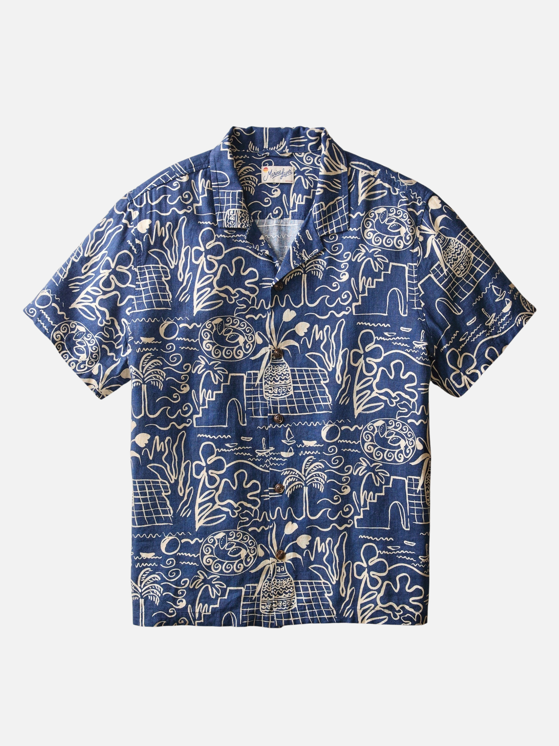 Marine Layer Pablo Tencel Linen SS Short Sleeve Top Navy Blue White Island Motif Print Collared Button Up Watercolor Casual Top for Guys Men’s Shirts for Summer Vacation Outfits for Men Athens GA Georgia Kempt Menswear Store Near Me