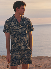 Marine Layer Pablo Tencel Linen SS Short Sleeve Top Navy Blue White Island Motif Print Collared Button Up Watercolor Casual Top for Guys Men’s Shirts for Summer Vacation Outfits for Men Athens GA Georgia Kempt Menswear Store Near Me