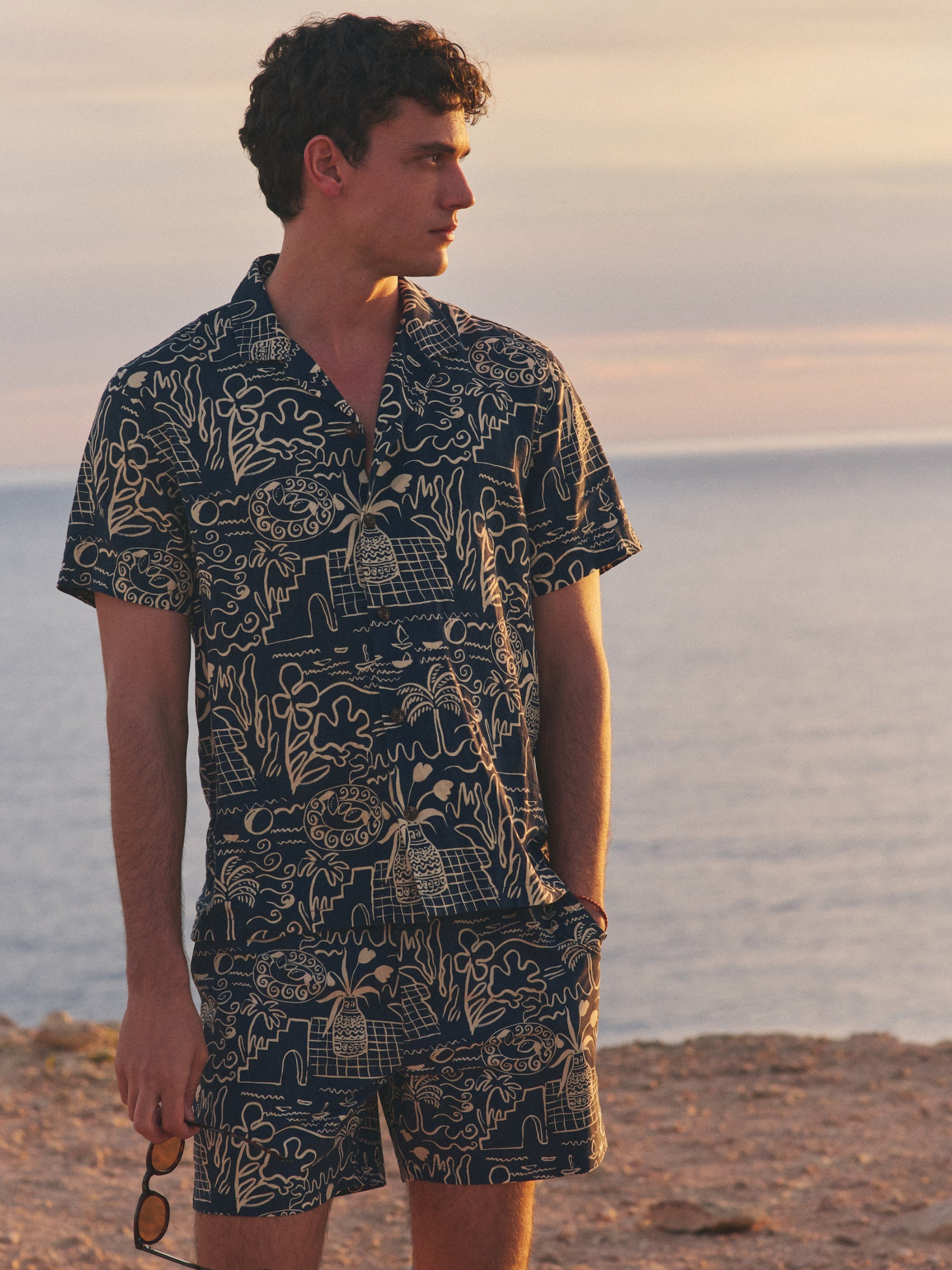 Marine Layer Pablo Tencel Linen SS Short Sleeve Top Navy Blue White Island Motif Print Collared Button Up Watercolor Casual Top for Guys Men’s Shirts for Summer Vacation Outfits for Men Athens GA Georgia Kempt Menswear Store Near Me