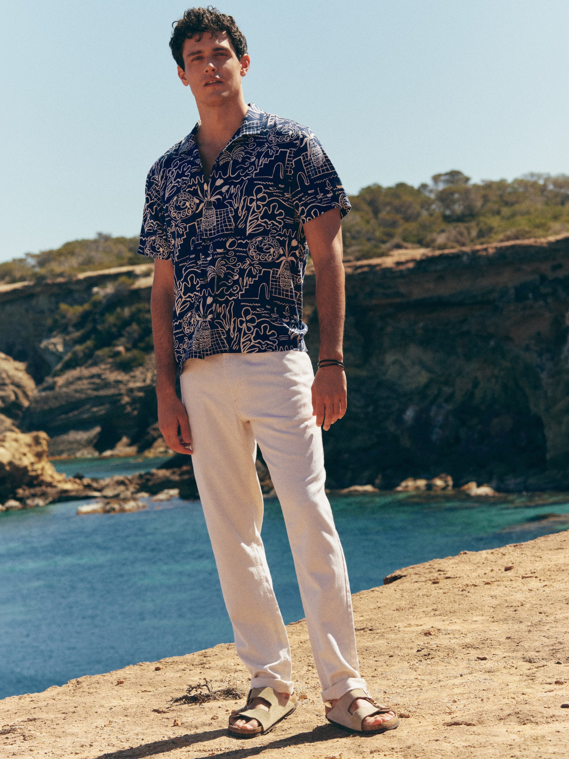 Marine Layer Pablo Tencel Linen SS Short Sleeve Top Navy Blue White Island Motif Print Collared Button Up Watercolor Casual Top for Guys Men’s Shirts for Summer Vacation Outfits for Men Athens GA Georgia Kempt Menswear Store Near Me