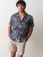 Marine Layer Pablo Tencel Linen SS Short Sleeve Top Navy Blue White Island Motif Print Collared Button Up Watercolor Casual Top for Guys Men’s Shirts for Summer Vacation Outfits for Men Athens GA Georgia Kempt Menswear Store Near Me