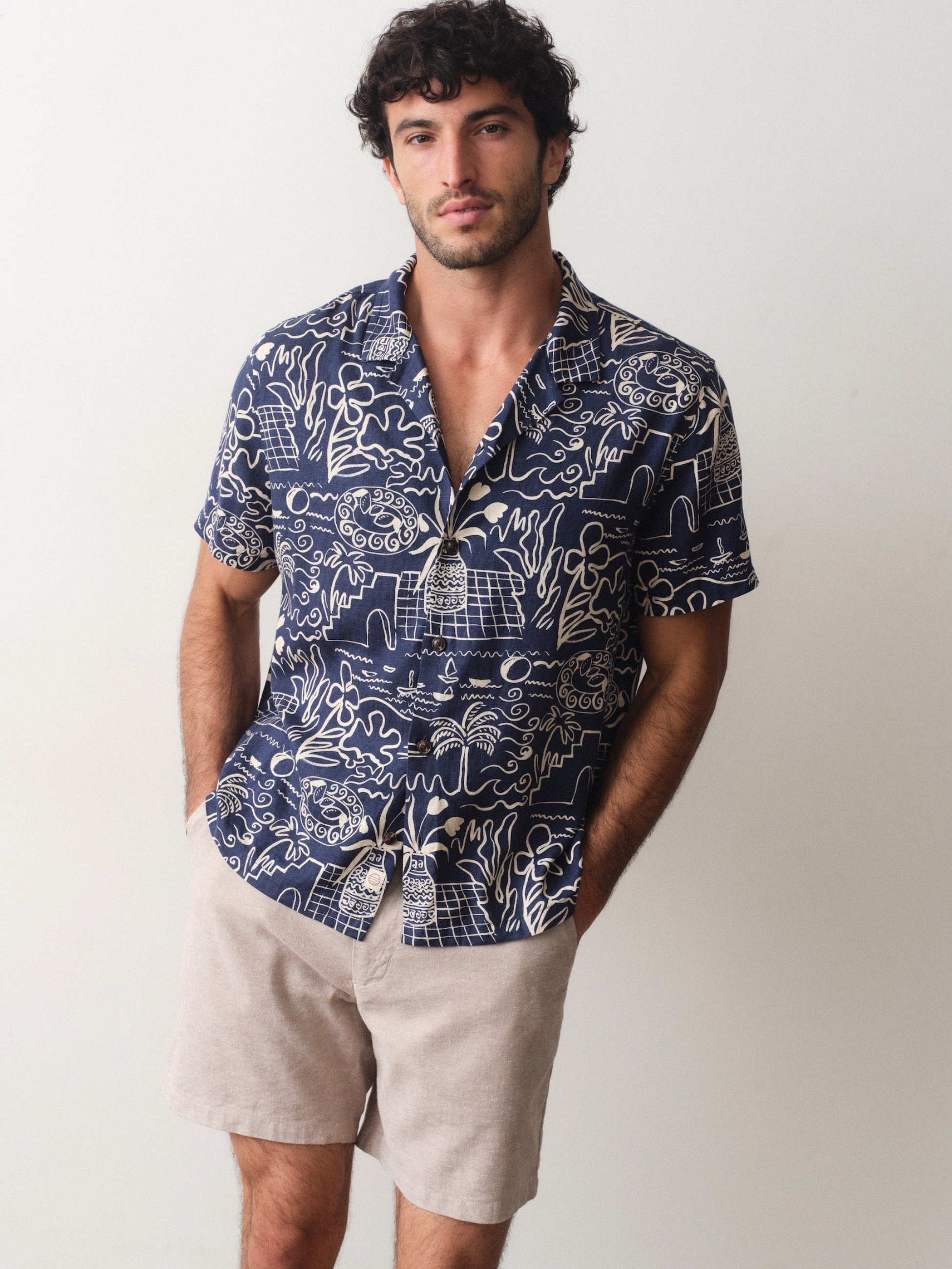 Marine Layer Pablo Tencel Linen SS Short Sleeve Top Navy Blue White Island Motif Print Collared Button Up Watercolor Casual Top for Guys Men’s Shirts for Summer Vacation Outfits for Men Athens GA Georgia Kempt Menswear Store Near Me