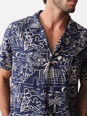 Marine Layer Pablo Tencel Linen SS Short Sleeve Top Navy Blue White Island Motif Print Collared Button Up Watercolor Casual Top for Guys Men’s Shirts for Summer Vacation Outfits for Men Athens GA Georgia Kempt Menswear Store Near Me