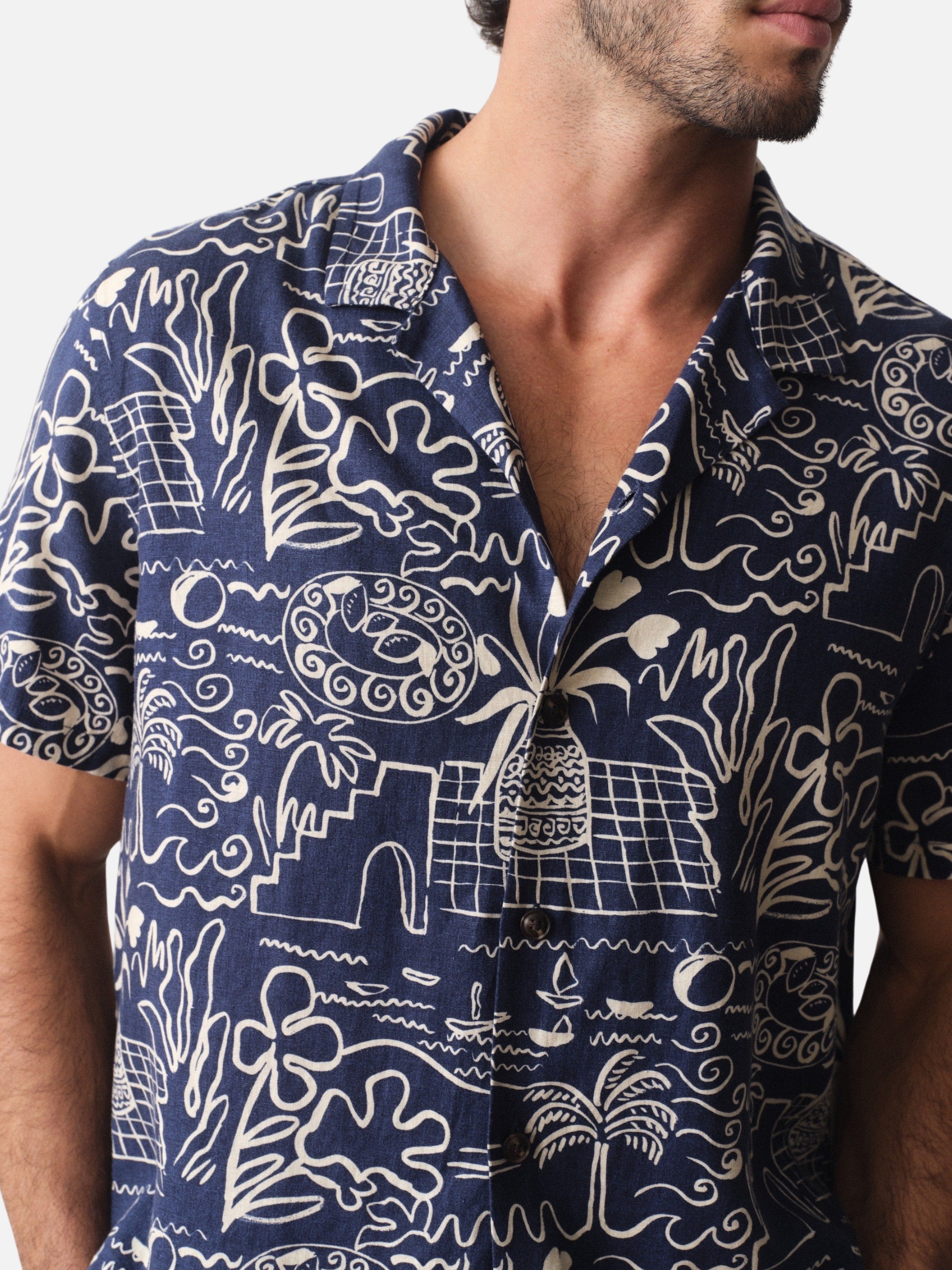 Marine Layer Pablo Tencel Linen SS Short Sleeve Top Navy Blue White Island Motif Print Collared Button Up Watercolor Casual Top for Guys Men’s Shirts for Summer Vacation Outfits for Men Athens GA Georgia Kempt Menswear Store Near Me
