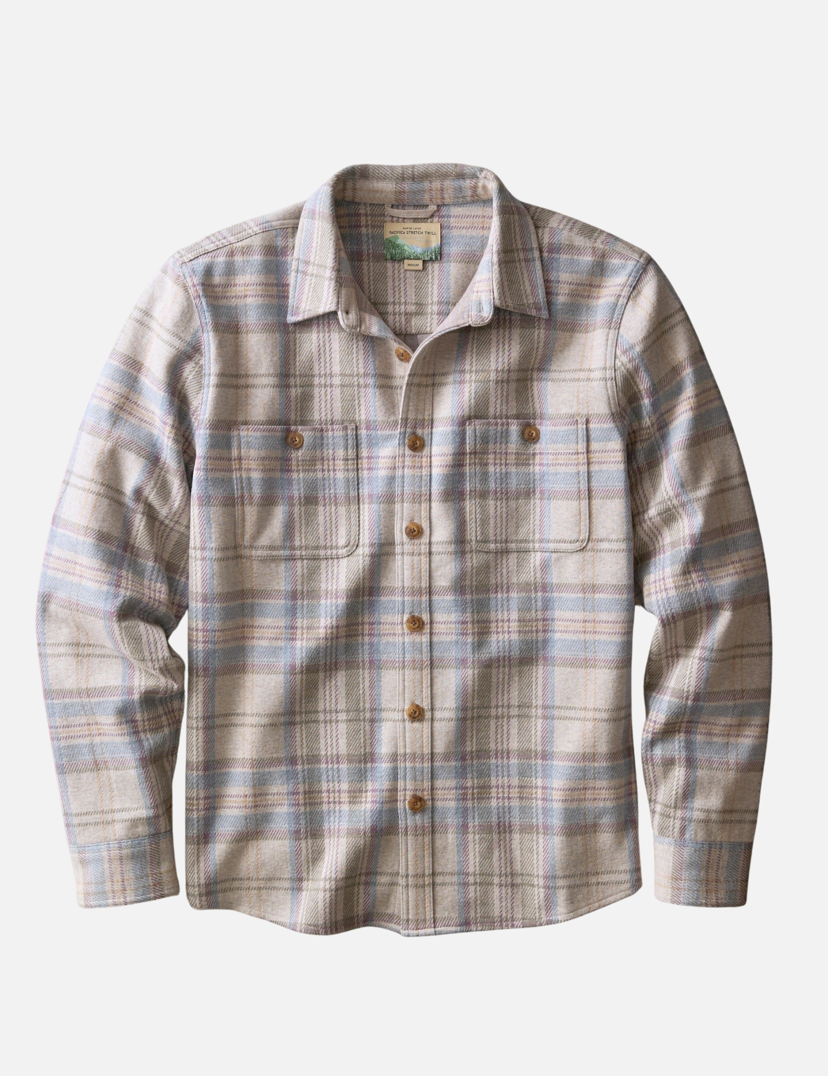 Marine Layer Pacifica Stretch Twill Overshirt Grey Plaid Long Sleeve Collared Button Down - Flat Front