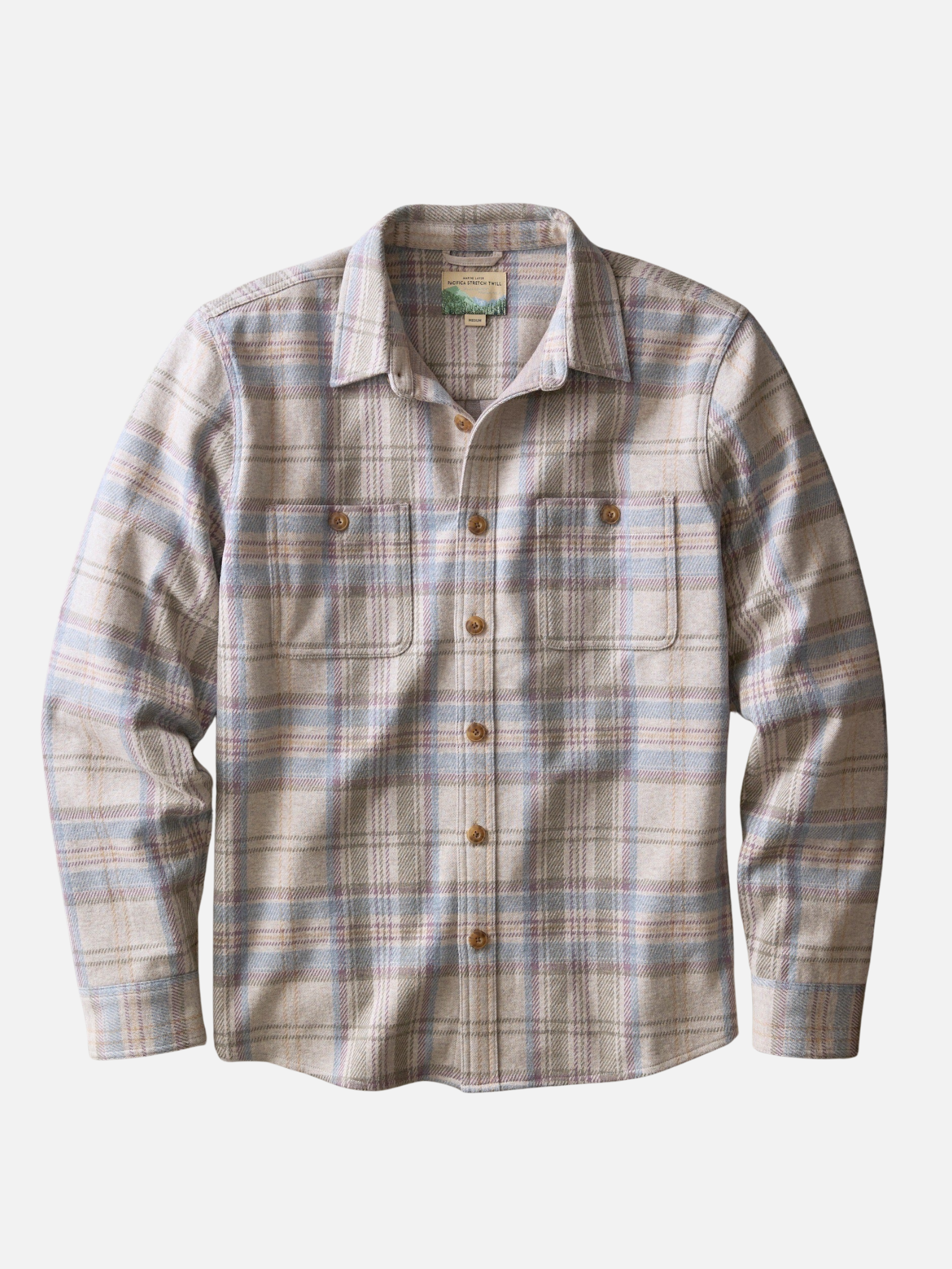 Marine Layer Pacifica Stretch Twill Overshirt Grey Plaid Long Sleeve Collared Button Down - Flat Front