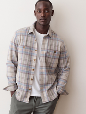 Marine Layer Pacifica Stretch Twill Overshirt Grey Plaid Long Sleeve Collared Button Down - Model Front